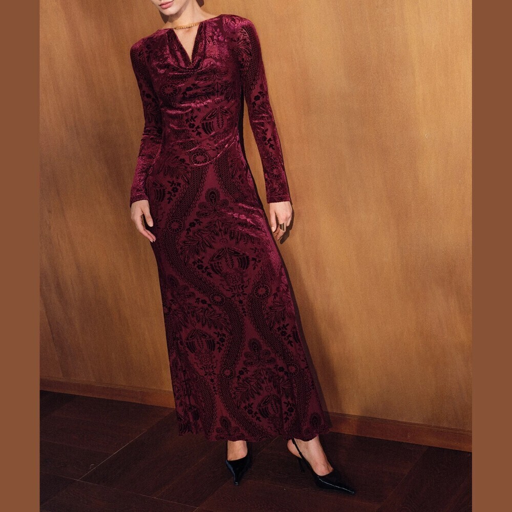 Burgundy Velvet Baroque Print Cowl Neck Long Sleeve Maxi Dress